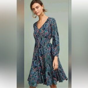 Maeve by Anthropologie Maplewood Navy Multicolor Paisley Long Sleeve Dress, XL